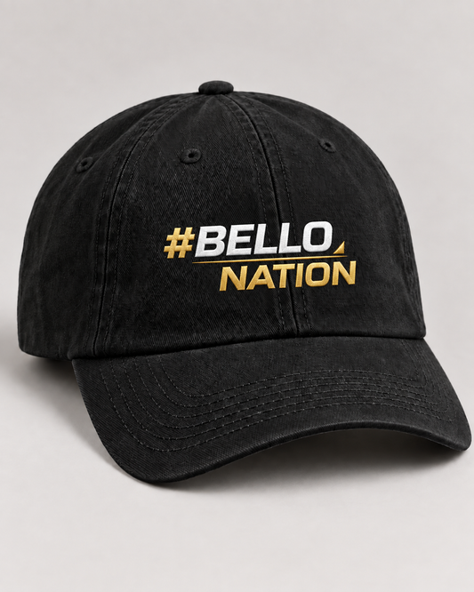 Dad cap negra Statement #BELLO NATION blanco y dorado